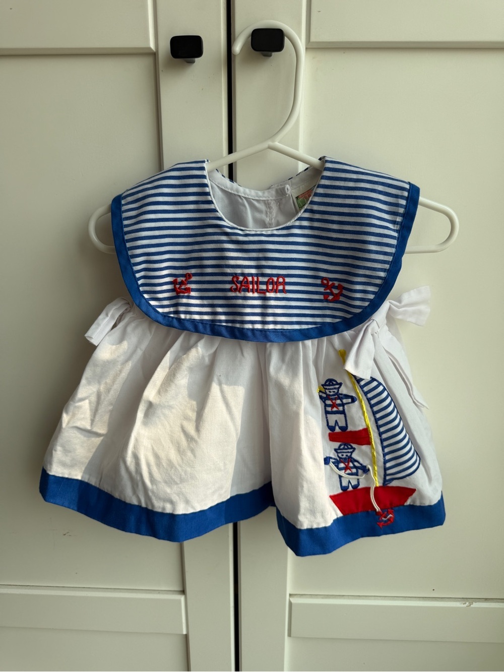 Vintage Sailor Dress Girls 2T Nautical Blue White Embroidered
